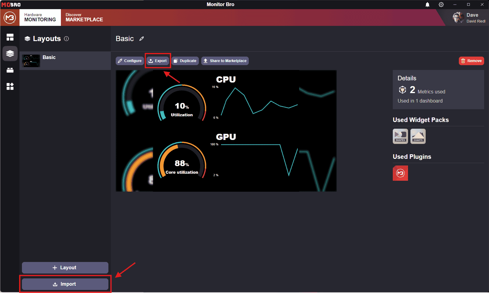 Export and import a layout